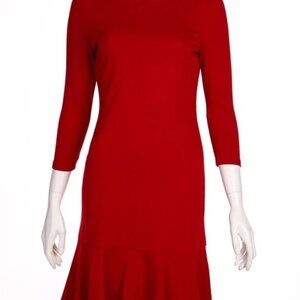 LAUREN RALPH LAUREN PETITE dress with Volants  3/4 Sleeves Sheath Red Dress M